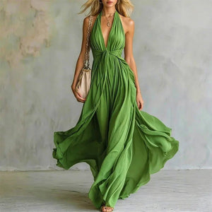 Women’s Boho Flowy Maxi Dress – Deep V-Neck High Waist Sleeveless Vacation Dress - ORYMERE