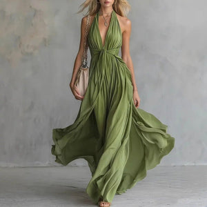 Women’s Boho Flowy Maxi Dress – Deep V-Neck High Waist Sleeveless Vacation Dress - ORYMERE