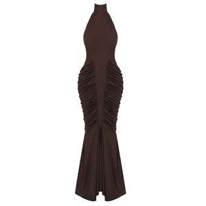 Women’s Brown Halter Mermaid Maxi Dress – Ruched Bodycon Wedding Guest Evening Gown - ORYMERE