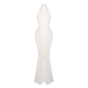 Women’s Brown Halter Mermaid Maxi Dress – Ruched Bodycon Wedding Guest Evening Gown - ORYMERE