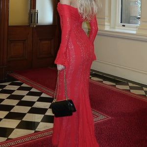 Women’s Red Off-Shoulder Maxi Dress – Lace Flare Sleeve Elegant Evening Party Gown - ORYMERE