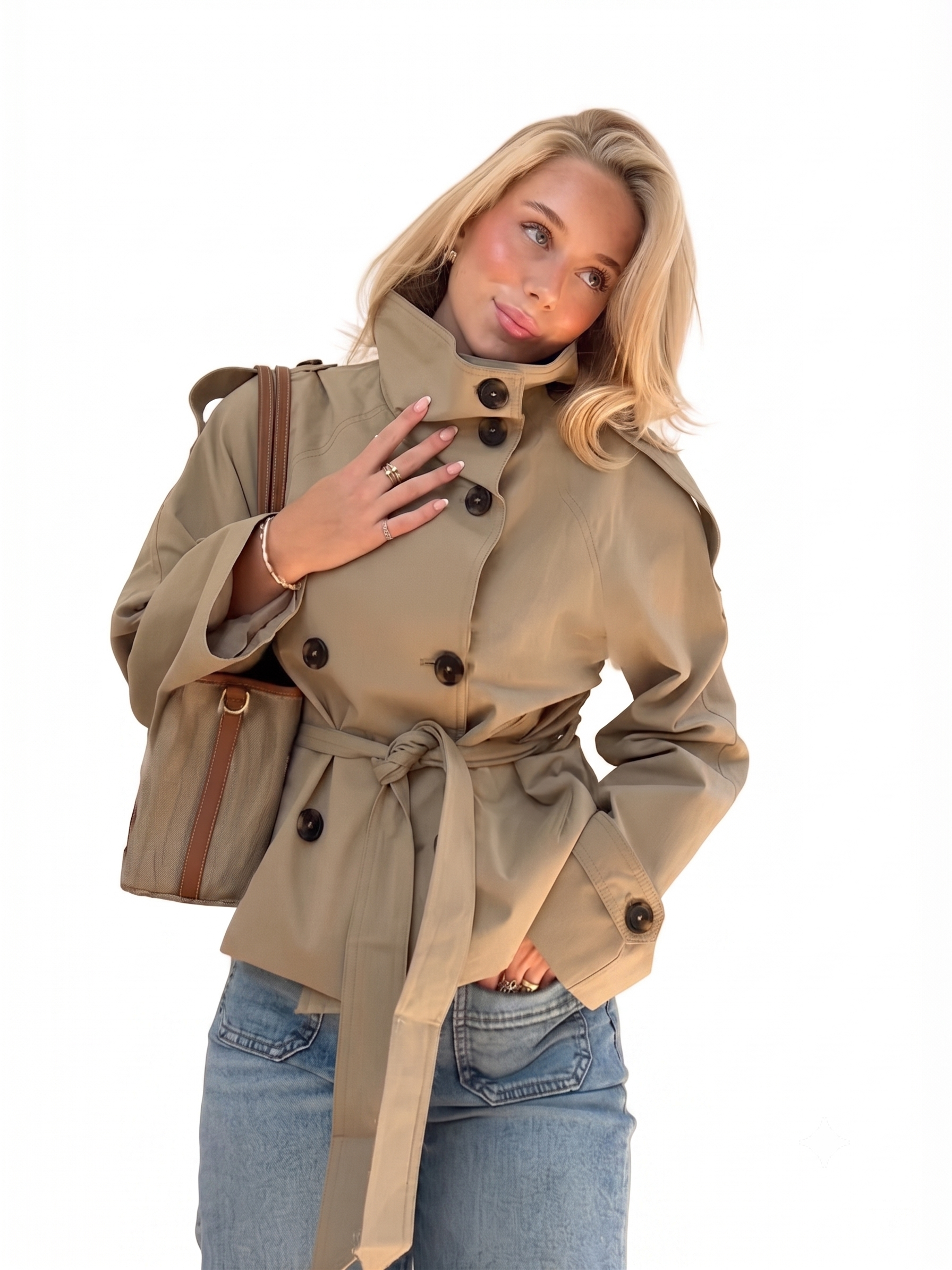 Women's Cropped Trench Coat - Double-Breasted Belted Jacket