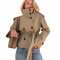 Women's Cropped Trench Coat - Double-Breasted Belted Jacket