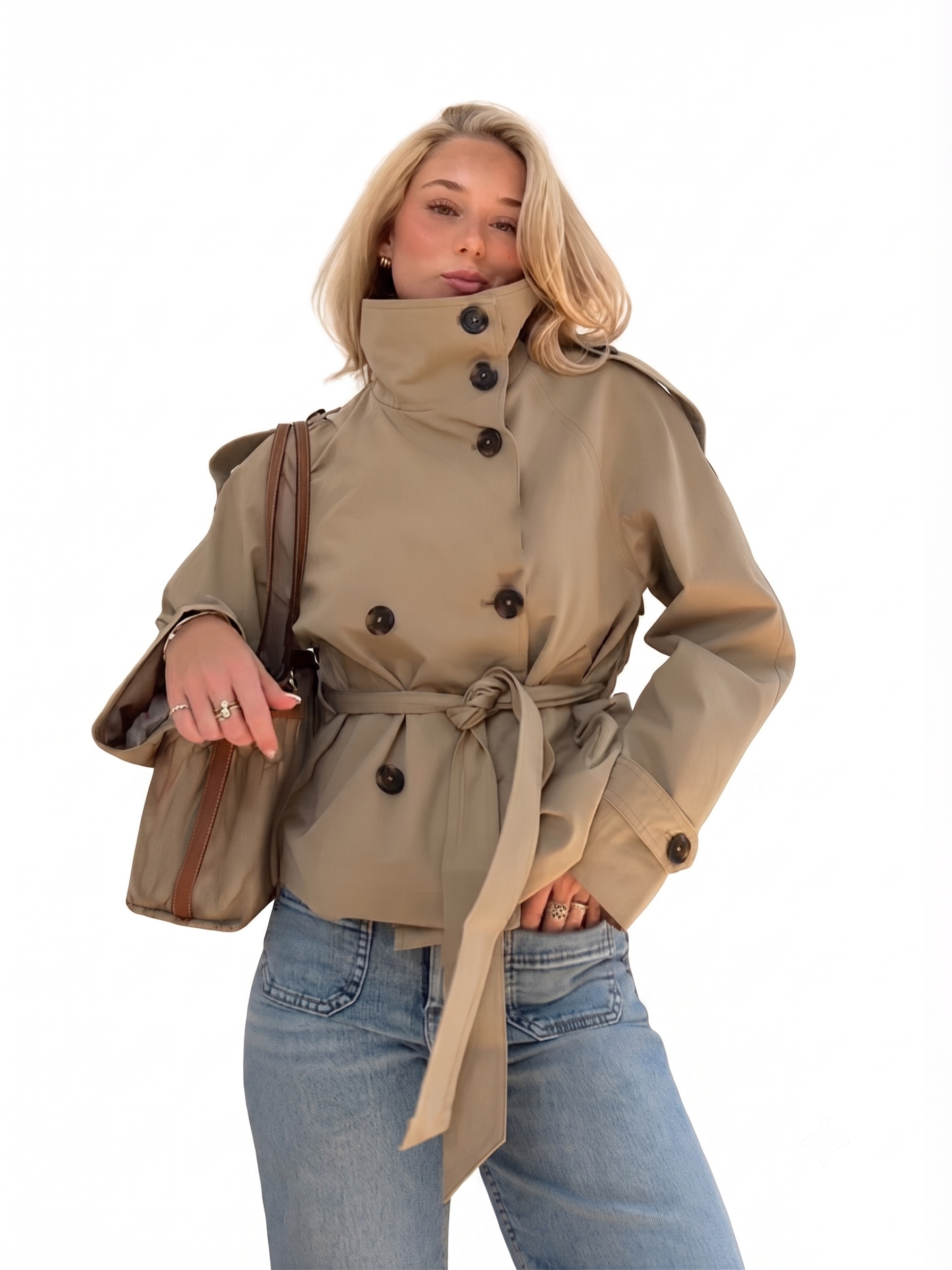 Women's Cropped Trench Coat - Double-Breasted Belted Jacket