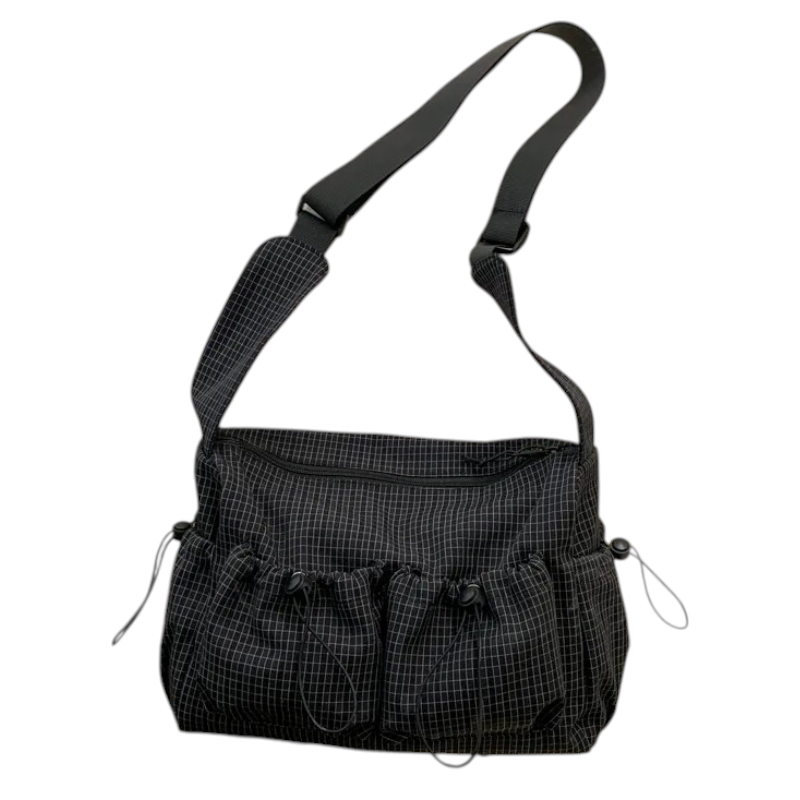 top Brown Checkered Handbag with Multi-Pocket Design & Charm Accents