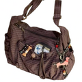 top Brown Checkered Handbag with Multi-Pocket Design & Charm Accents