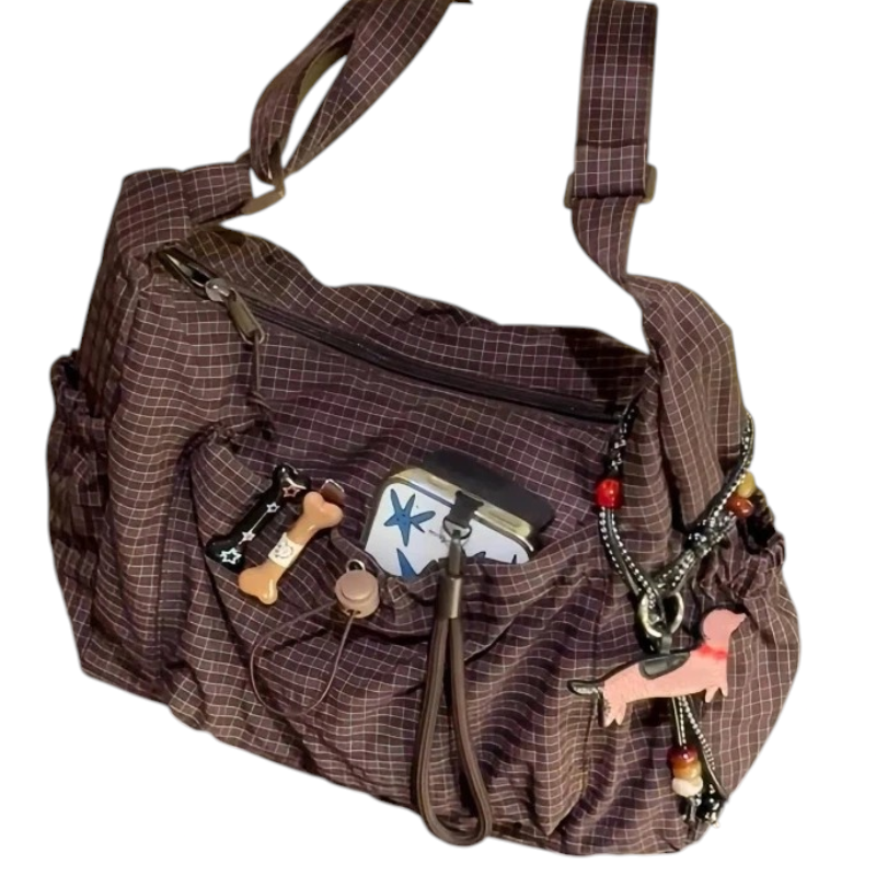 top Brown Checkered Handbag with Multi-Pocket Design & Charm Accents