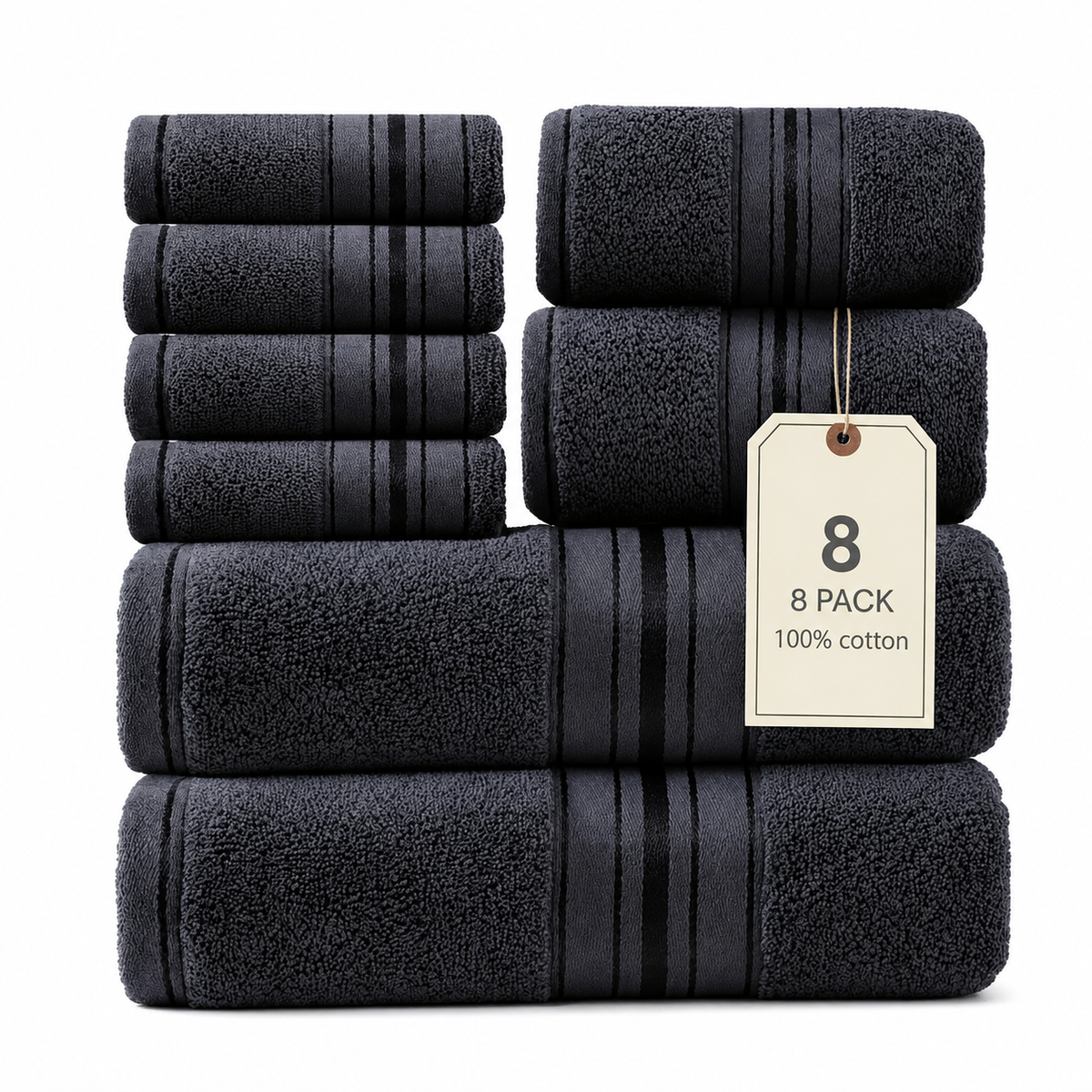 8-Piece 100% Cotton Navy Blue Bath Towel Set for Bathroom