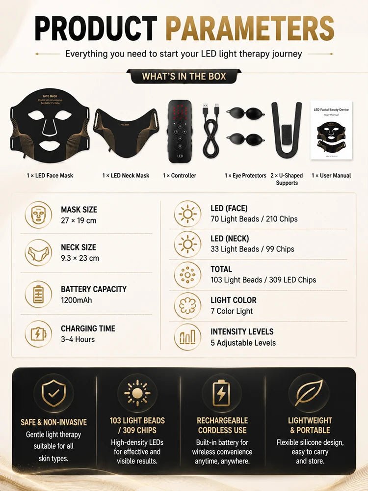 7 Color LED Face & Neck Mask – Flexible Silicone Red Light Skincare Beauty Device - ORYMERE