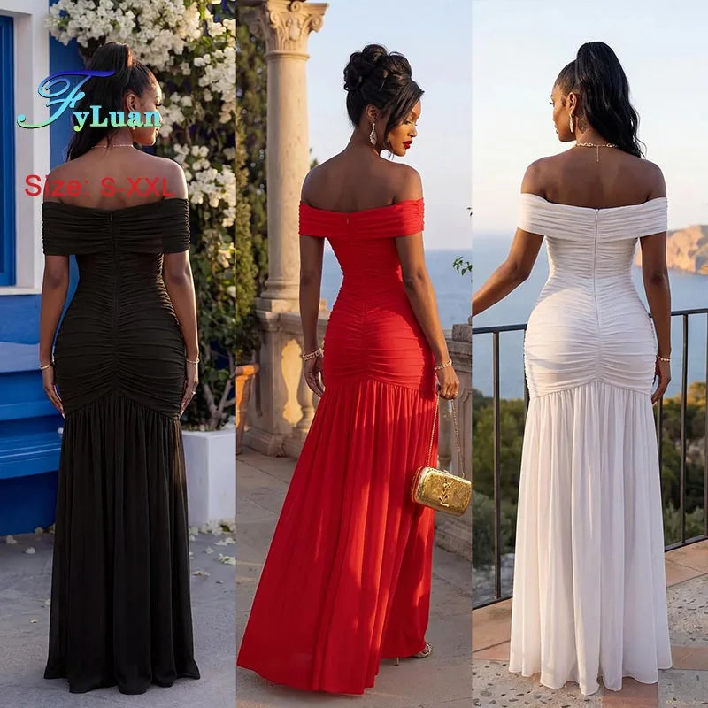 Fashion Women Clothes Sexy Off The Shoulder Long Dress Strapless Side Slit Split Solid Color Maxi Dress Summer Lady Evening Gown