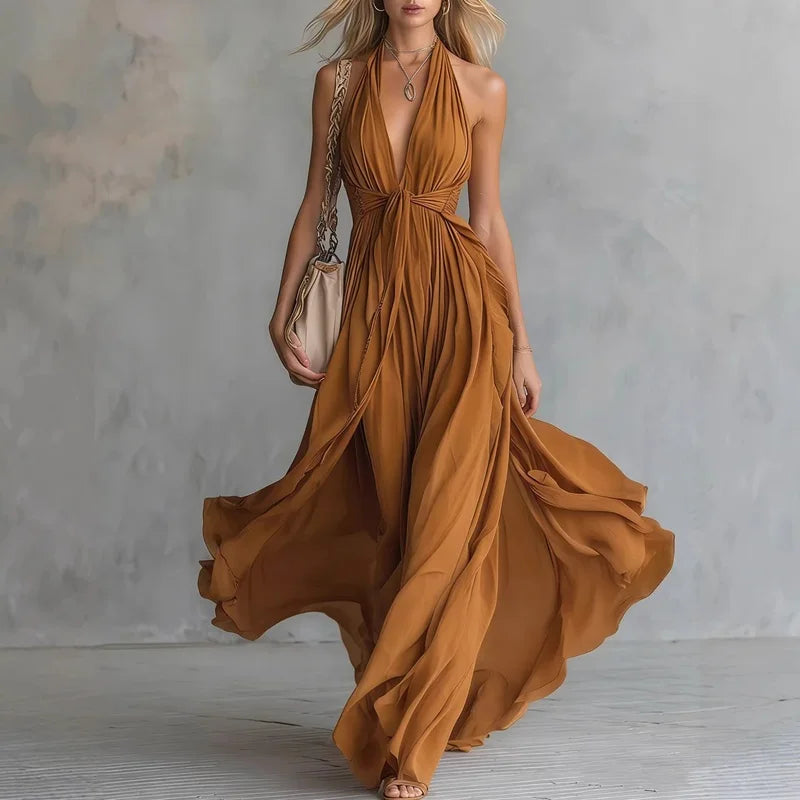 Bohemian Summer Sleeveless Flowy Maxi Dress Sexy Deep V Neck Draped Slim Long Dress Spring Solid High Waist Woman Vacation Dress
