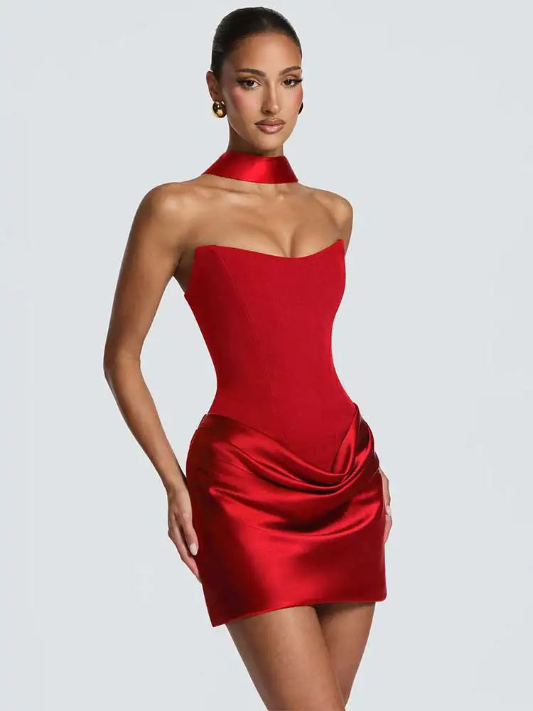 GACVGA Sexy Strapless Corset Mini Dress With Choker Scarf Back Lace-up Satin Ruched Bodycon Women Gown Evening Club Party Dress