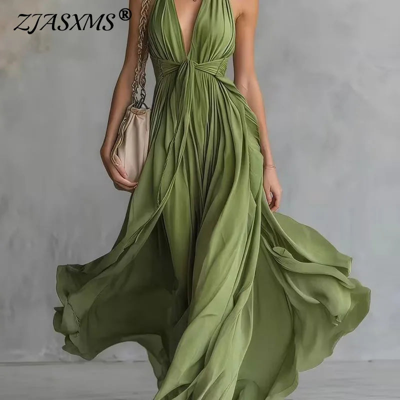 Bohemian Summer Sleeveless Flowy Maxi Dress Sexy Deep V Neck Draped Slim Long Dress Spring Solid High Waist Woman Vacation Dress