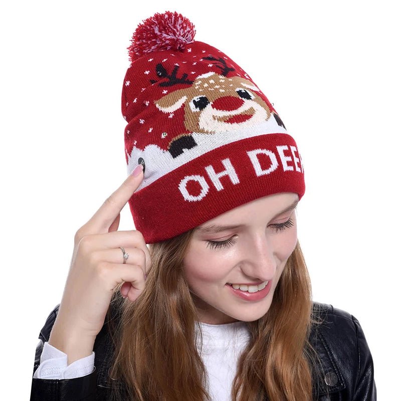 LED Knitted Christmas Beanie Hat | Light-Up Holiday Warm Cap - ORYMERE