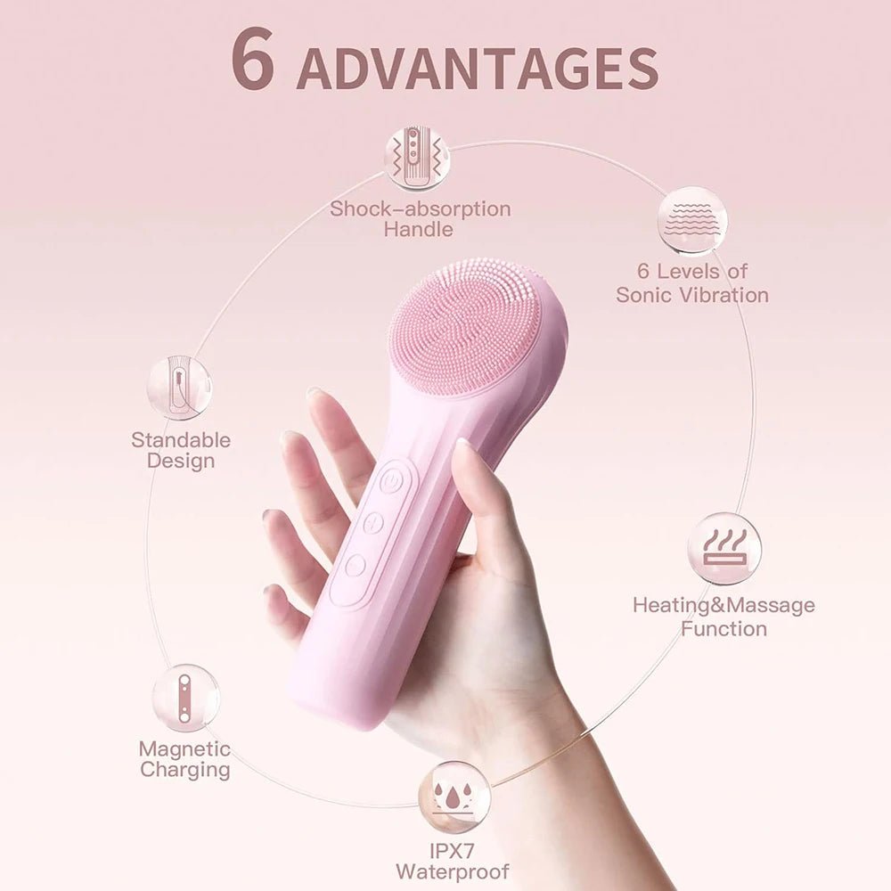 Sonic Facial Cleansing Brush – Waterproof Rechargeable Silicone Face Scrubber with Heat & 6 Speeds - ORYMERE