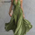 Women’s Boho Flowy Maxi Dress – Deep V-Neck High Waist Sleeveless Vacation Dress - ORYMERE