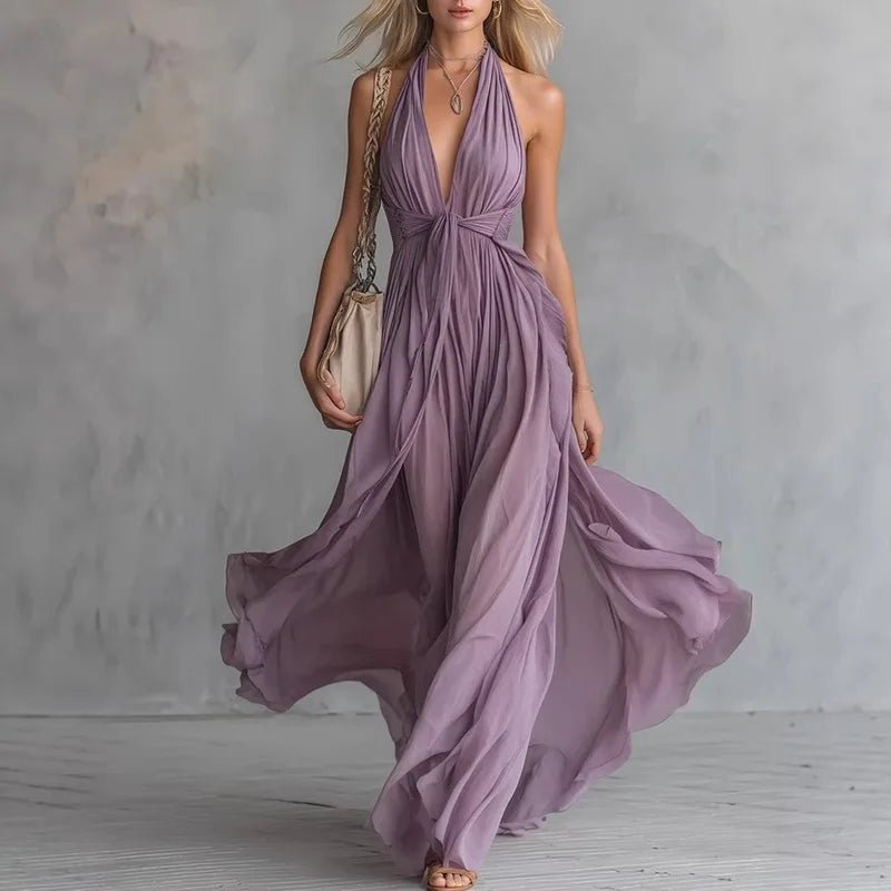 Women’s Boho Flowy Maxi Dress – Deep V-Neck High Waist Sleeveless Vacation Dress - ORYMERE