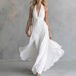 Women’s Boho Flowy Maxi Dress – Deep V-Neck High Waist Sleeveless Vacation Dress - ORYMERE