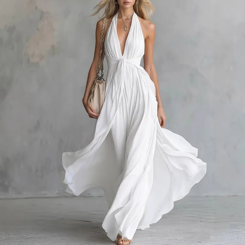 Women’s Boho Flowy Maxi Dress – Deep V-Neck High Waist Sleeveless Vacation Dress - ORYMERE
