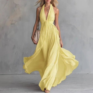 Women’s Boho Flowy Maxi Dress – Deep V-Neck High Waist Sleeveless Vacation Dress - ORYMERE
