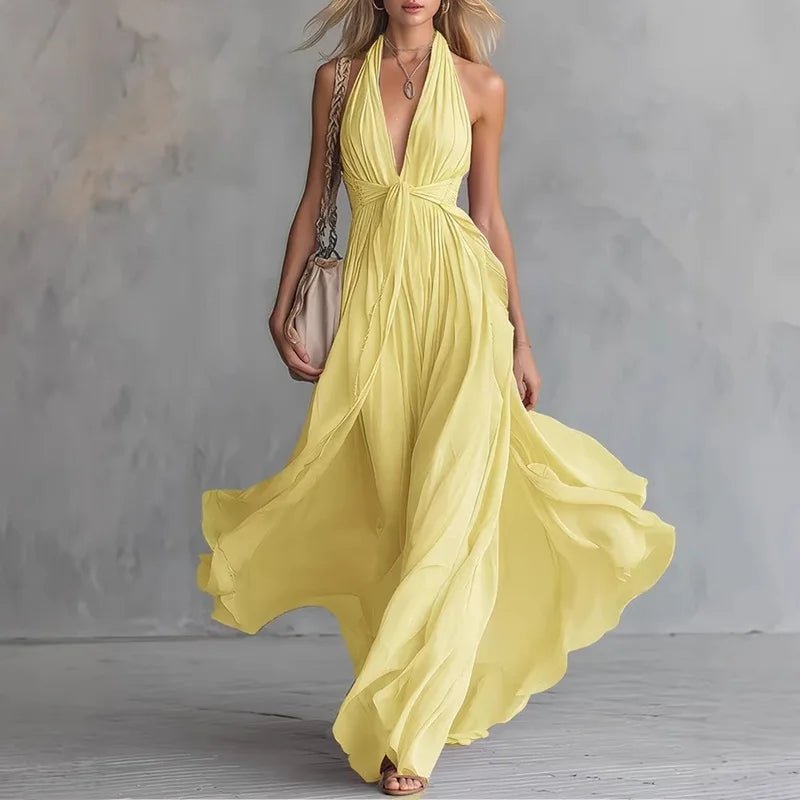 Women’s Boho Flowy Maxi Dress – Deep V-Neck High Waist Sleeveless Vacation Dress - ORYMERE