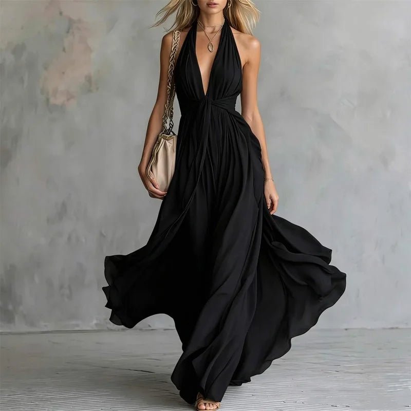 Women’s Boho Flowy Maxi Dress – Deep V-Neck High Waist Sleeveless Vacation Dress - ORYMERE