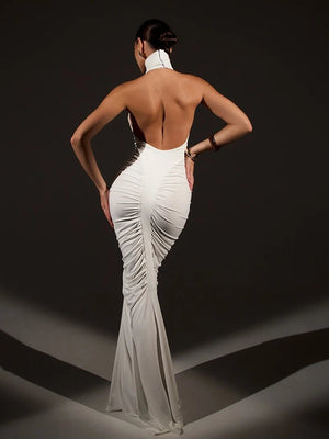 Women’s Brown Halter Mermaid Maxi Dress – Ruched Bodycon Wedding Guest Evening Gown - ORYMERE