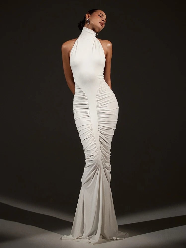 Women’s Brown Halter Mermaid Maxi Dress – Ruched Bodycon Wedding Guest Evening Gown - ORYMERE