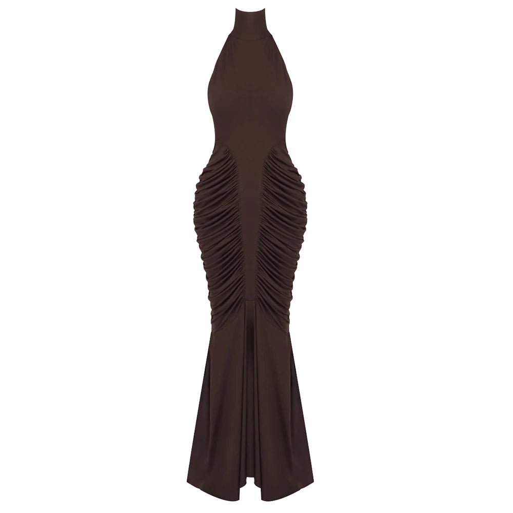 Women’s Brown Halter Mermaid Maxi Dress – Ruched Bodycon Wedding Guest Evening Gown - ORYMERE