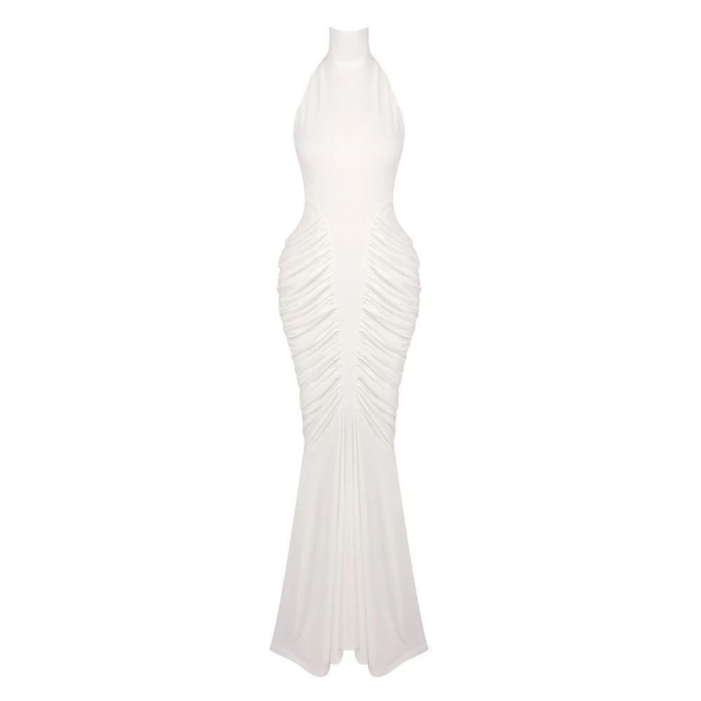 Women’s Brown Halter Mermaid Maxi Dress – Ruched Bodycon Wedding Guest Evening Gown - ORYMERE