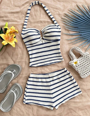 Women's Knit Halter Top & Shorts Two-Piece Outfit | Summer Beach Tracksuit - ORYMERE