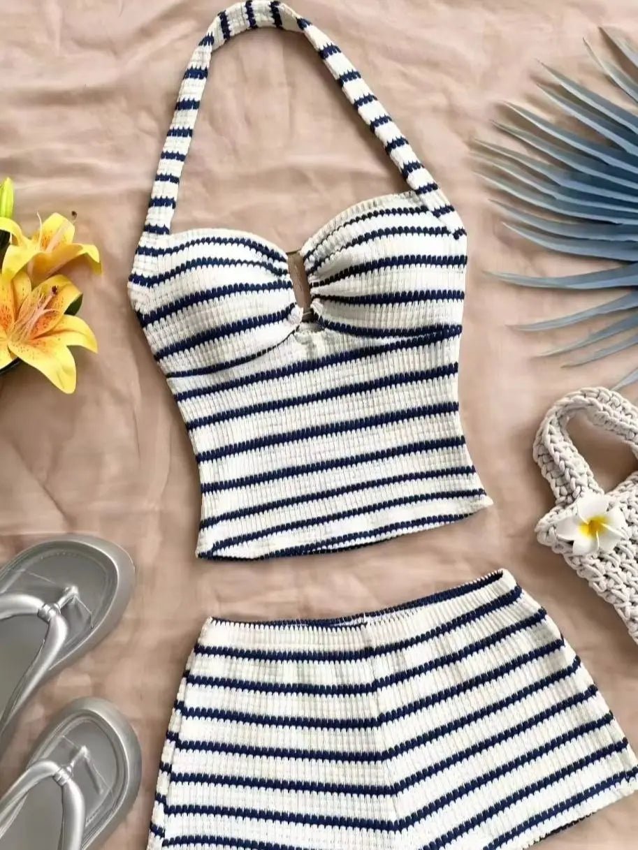 Women's Knit Halter Top & Shorts Two-Piece Outfit | Summer Beach Tracksuit - ORYMERE