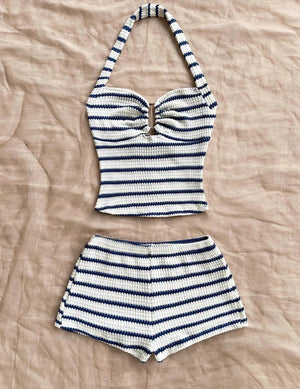 Women's Knit Halter Top & Shorts Two-Piece Outfit | Summer Beach Tracksuit - ORYMERE