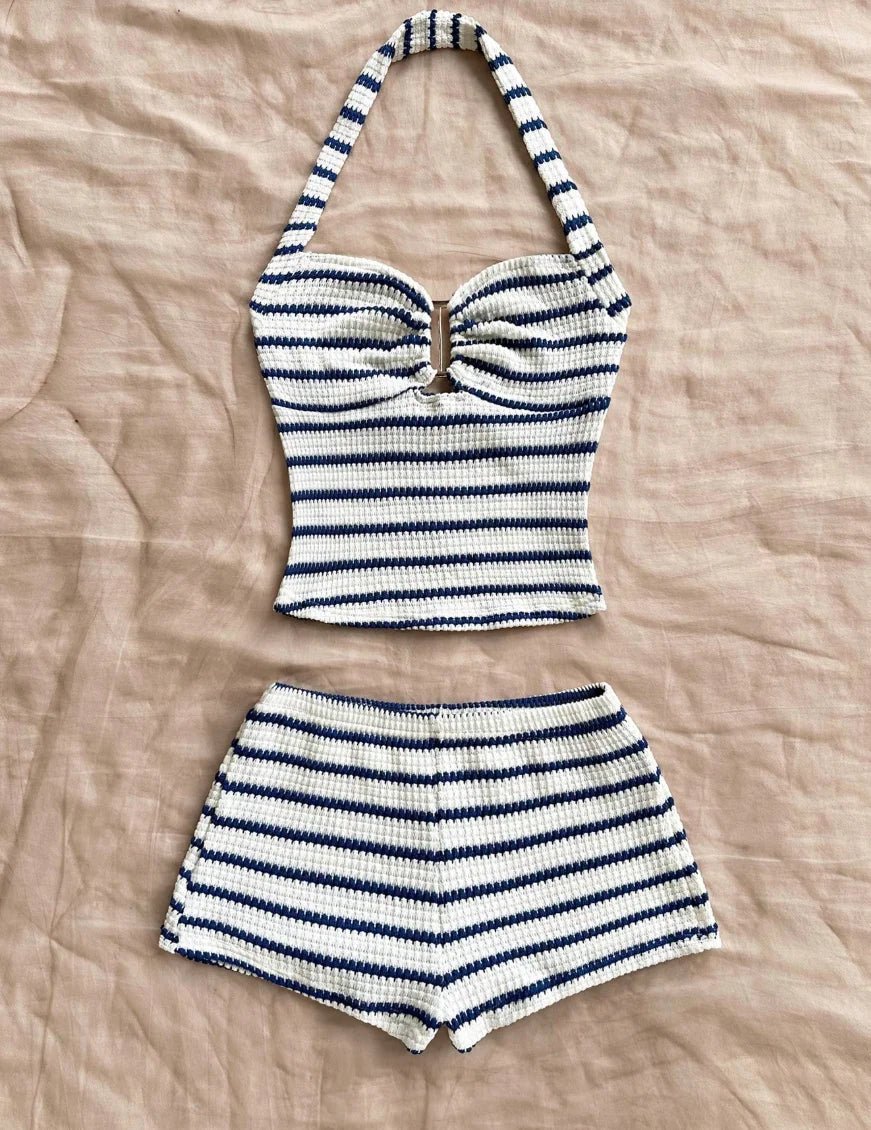 Women's Knit Halter Top & Shorts Two-Piece Outfit | Summer Beach Tracksuit - ORYMERE