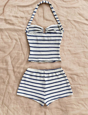 Women's Knit Halter Top & Shorts Two-Piece Outfit | Summer Beach Tracksuit - ORYMERE