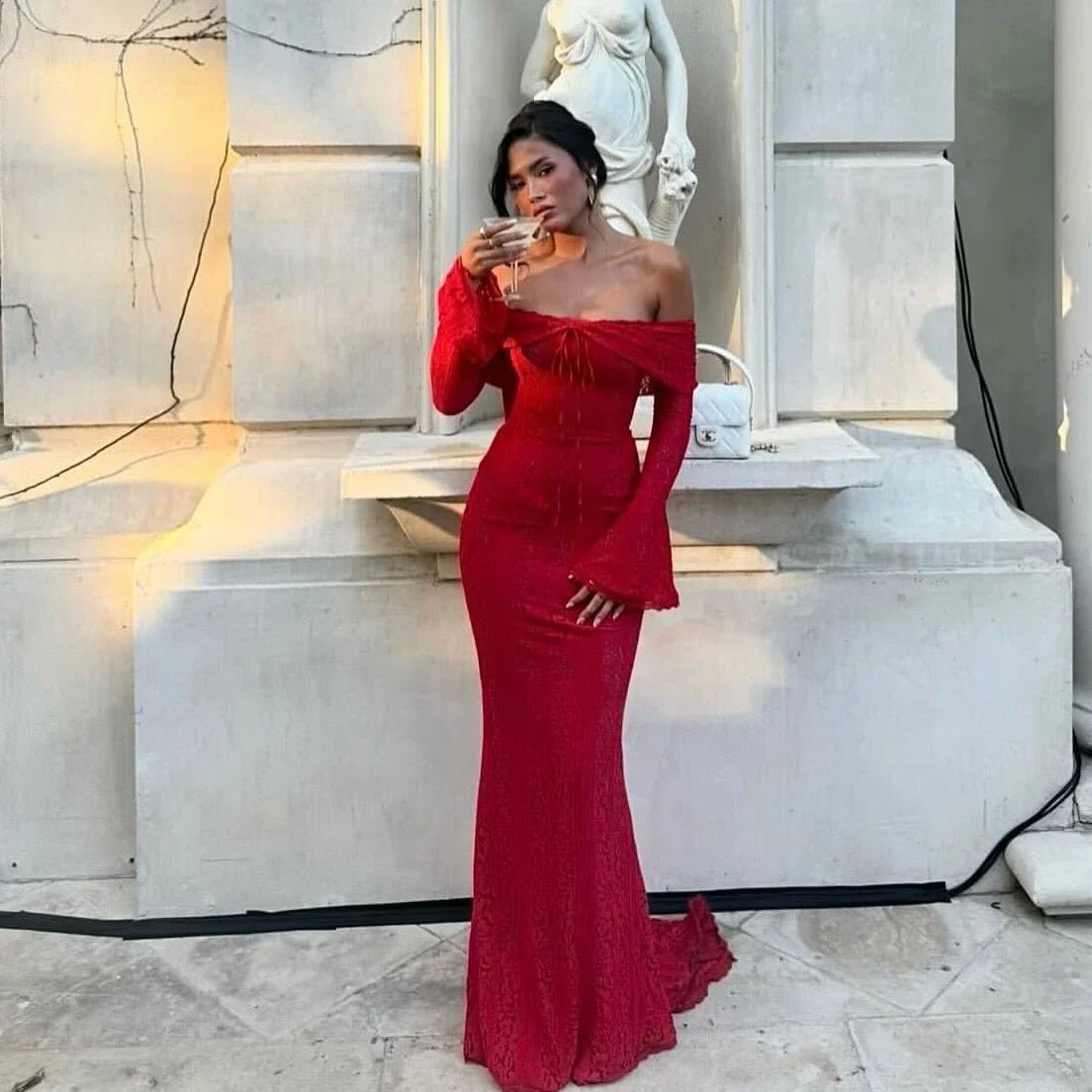 Women’s Red Off-Shoulder Maxi Dress – Lace Flare Sleeve Elegant Evening Party Gown - ORYMERE
