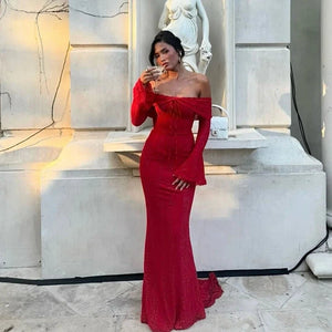 Women’s Red Off-Shoulder Maxi Dress – Lace Flare Sleeve Elegant Evening Party Gown - ORYMERE