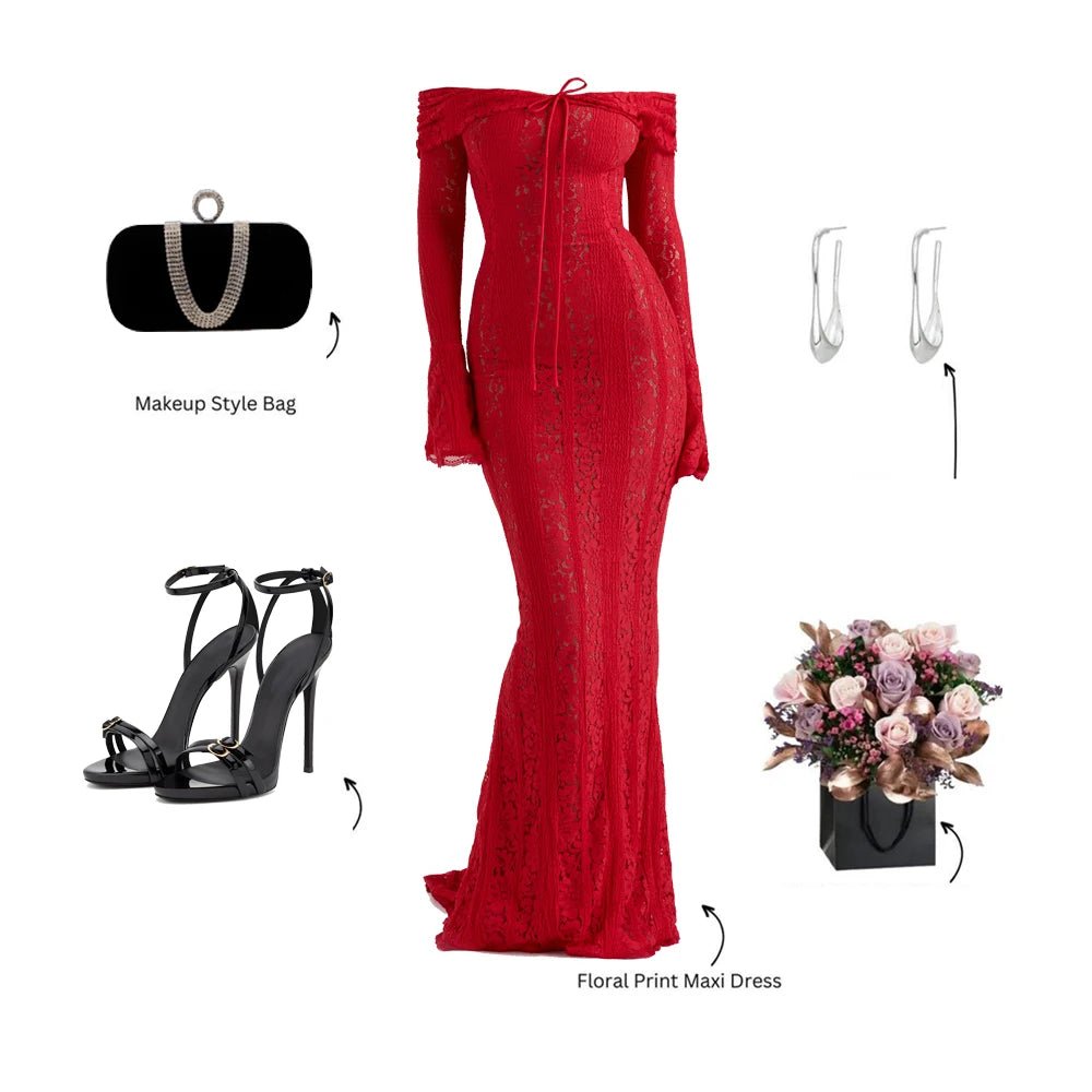 Women’s Red Off-Shoulder Maxi Dress – Lace Flare Sleeve Elegant Evening Party Gown - ORYMERE