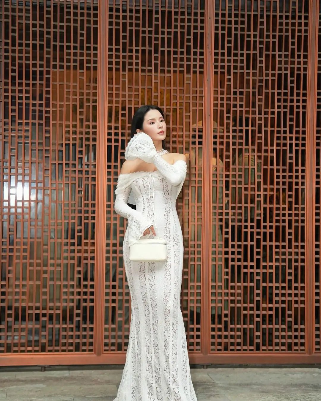 Women’s Red Off-Shoulder Maxi Dress – Lace Flare Sleeve Elegant Evening Party Gown - ORYMERE