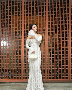 Women’s Red Off-Shoulder Maxi Dress – Lace Flare Sleeve Elegant Evening Party Gown - ORYMERE