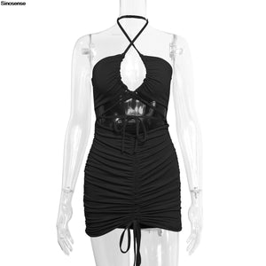 Women’s Ruched Bodycon Mini Dress – Criss Cross Halter Cut Out Y2K Party Dress - ORYMERE