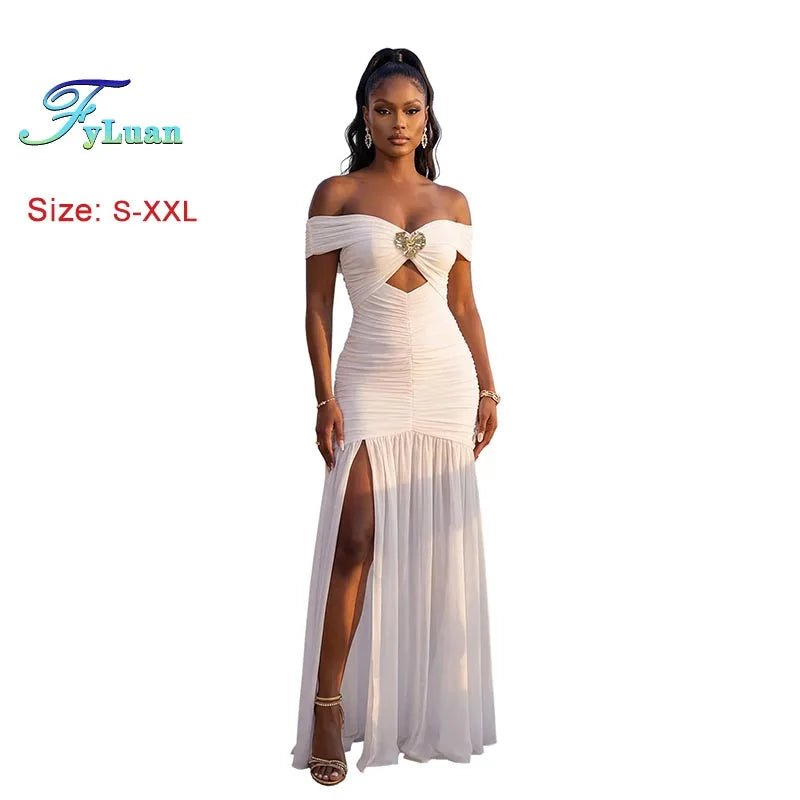 Women’s Strapless Maxi Dress – Off Shoulder Side Slit Evening Gown for Summer Events - ORYMERE