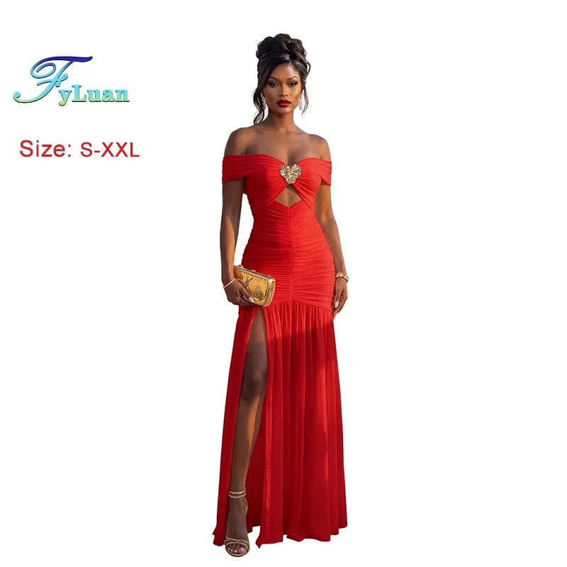 Women’s Strapless Maxi Dress – Off Shoulder Side Slit Evening Gown for Summer Events - ORYMERE