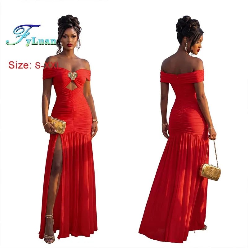 Women’s Strapless Maxi Dress – Off Shoulder Side Slit Evening Gown for Summer Events - ORYMERE