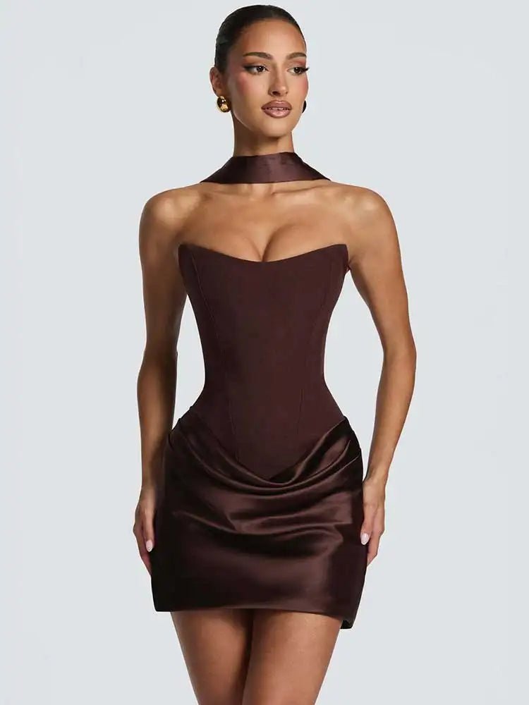 Women’s Strapless Satin Corset Mini Dress – Lace-Up Ruched Bodycon Party Dress with Choker Scarf - ORYMERE