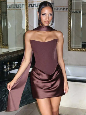 Women’s Strapless Satin Corset Mini Dress – Lace-Up Ruched Bodycon Party Dress with Choker Scarf - ORYMERE
