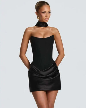 Women’s Strapless Satin Corset Mini Dress – Lace-Up Ruched Bodycon Party Dress with Choker Scarf - ORYMERE