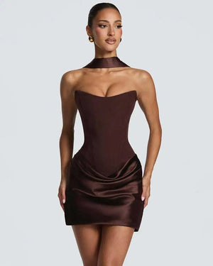 Women’s Strapless Satin Corset Mini Dress – Lace-Up Ruched Bodycon Party Dress with Choker Scarf - ORYMERE