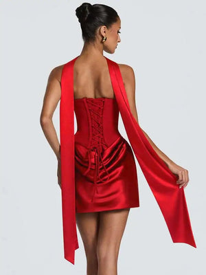 Women’s Strapless Satin Corset Mini Dress – Lace-Up Ruched Bodycon Party Dress with Choker Scarf - ORYMERE