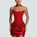 Women’s Strapless Satin Corset Mini Dress – Lace-Up Ruched Bodycon Party Dress with Choker Scarf - ORYMERE